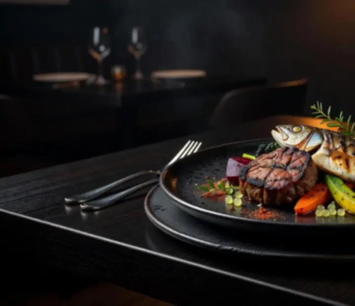 Editorially plated modern Australian dishes on a dark table