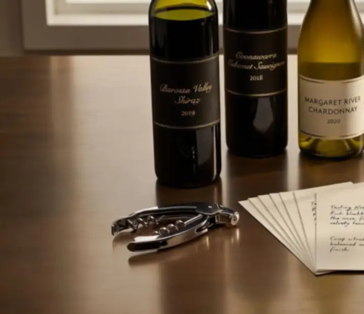 Australian red and white wines displayed against a dark backdrop