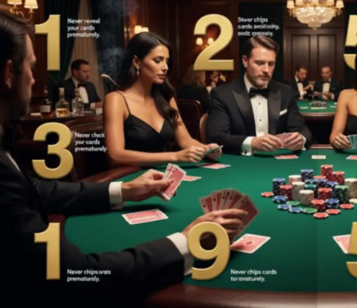 Magazine-style layout featuring Texas Hold'em etiquette rules beside a poker table.