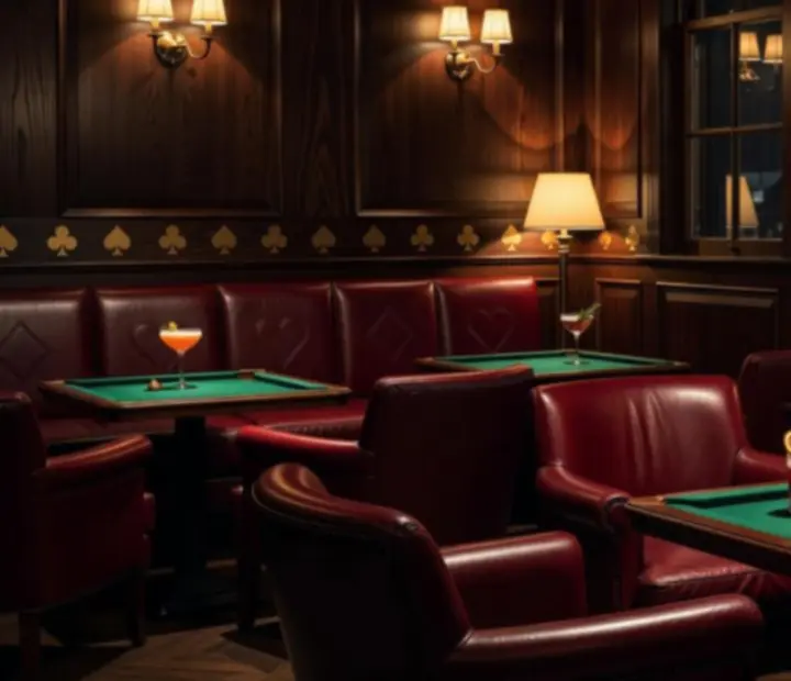 Dark timber cocktail lounge with leather seating and candlelight