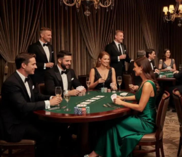 Black tie poker night gala with formal diners and poker tables