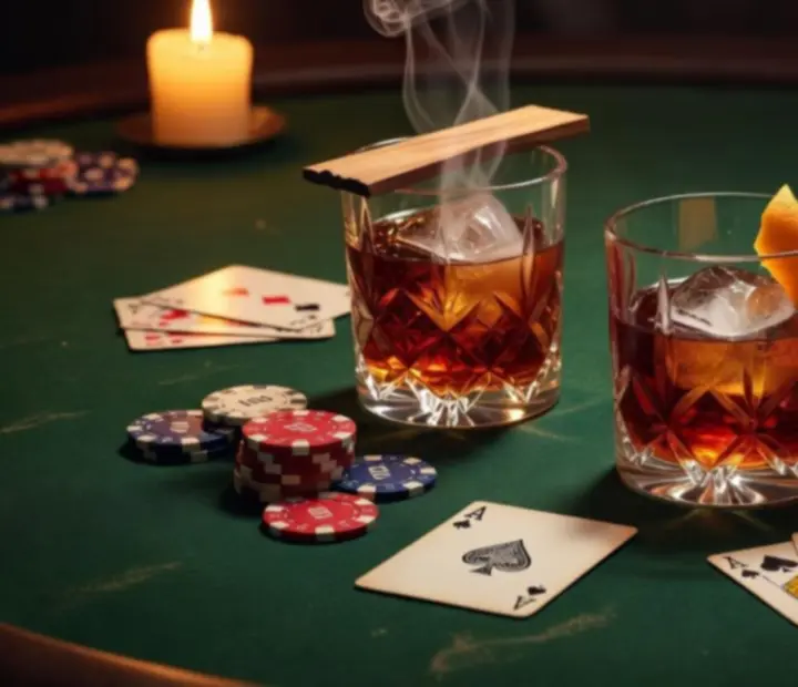 Selection of dark, moody cocktails on a bar beside poker chips