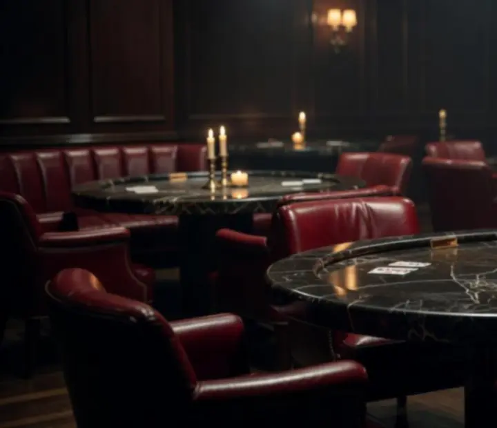 Dusky poker salon with candlelit tables, oxblood leather seating and matte-black marble surfaces.