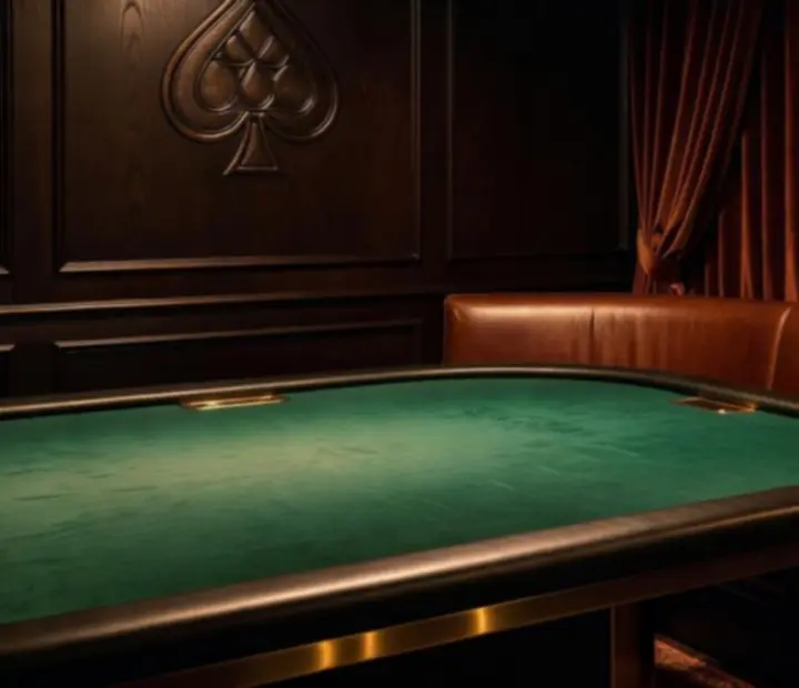 Card room interior featuring green felt, bronze accents, leather seating and subtle card-suit details.