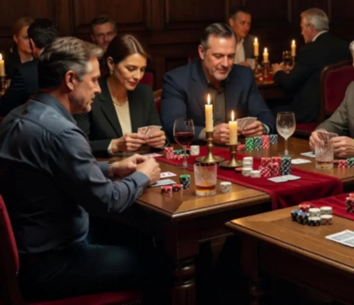 Card room social evening with players gathered around a poker table