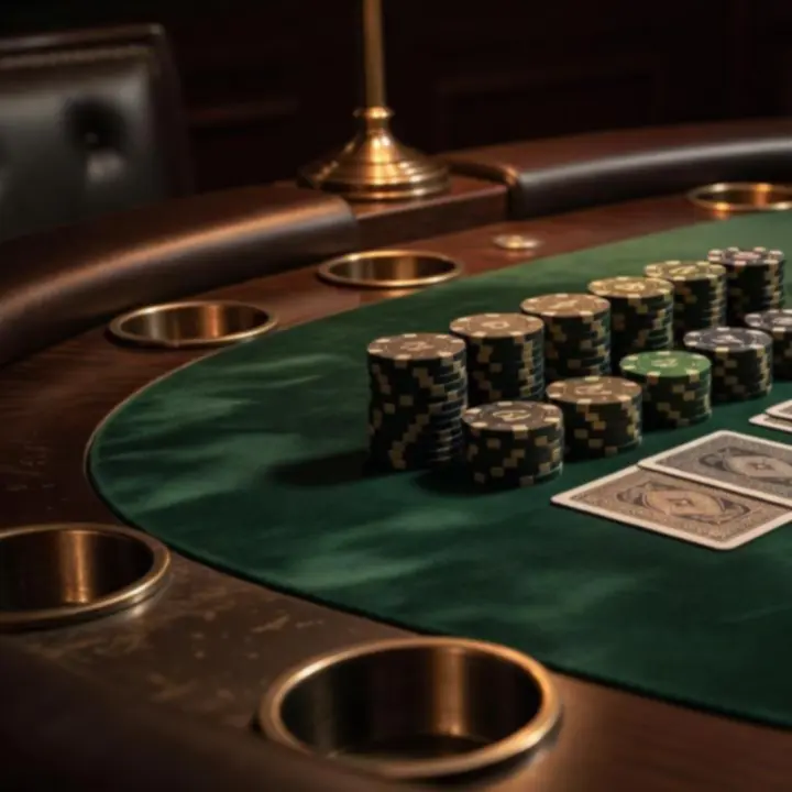 Close-up of a poker table with green felt, chips and playing cards under warm light