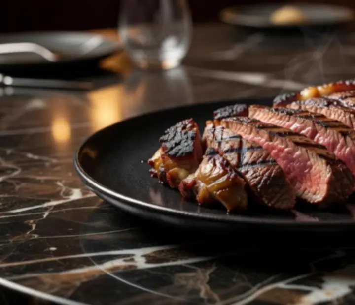 Charcoal-grilled steak sliced over a dark plate