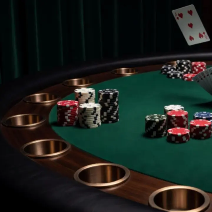 Close-up of a poker table with chips, cards and warm lighting