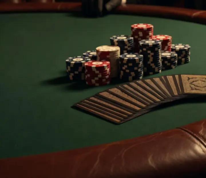 Close-up of clay chips and playing cards on a leather rail in a dark poker lounge.