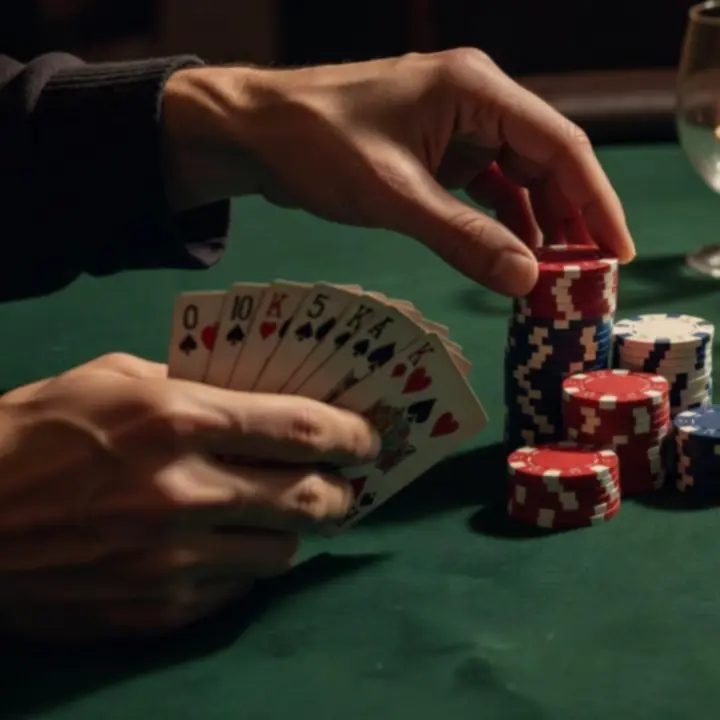 Hands arranging poker chips on a green felt table