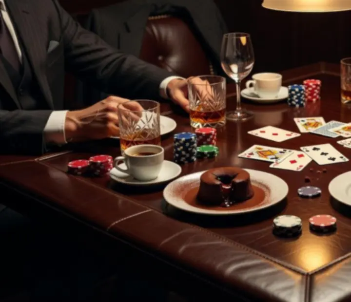 Decadent desserts and digestifs beside a poker table late at night