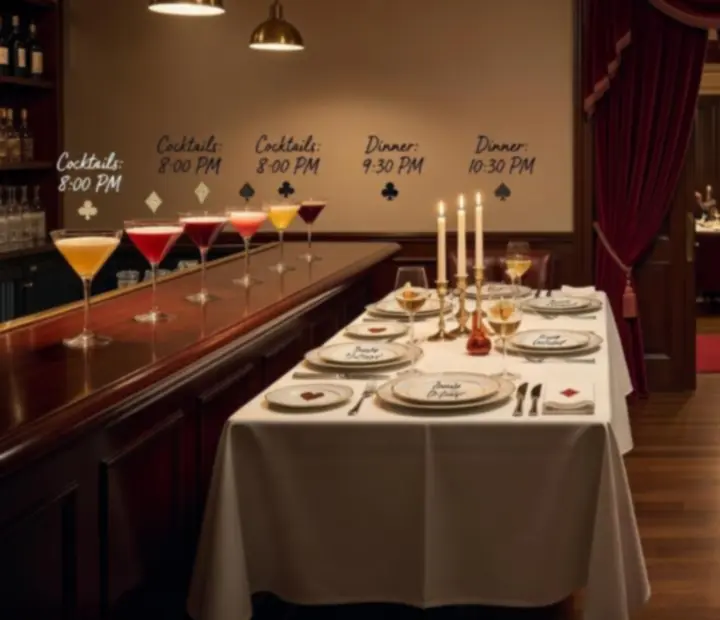 Horizontal collage showing guests arriving, dining and then moving into a poker card room