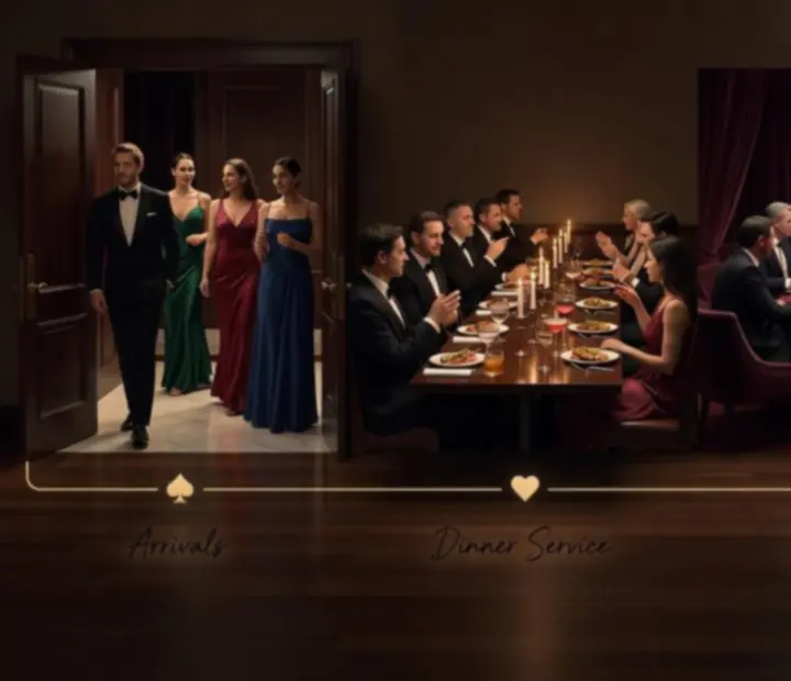Editorial collage showing the journey from cocktails and dinner to poker tables and a late-night card room.