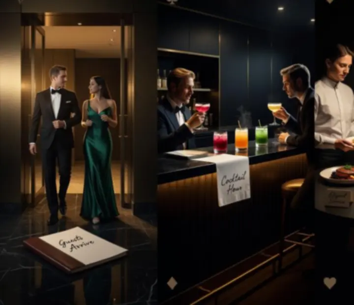 Editorial collage showing guests moving from dinner to a poker lounge