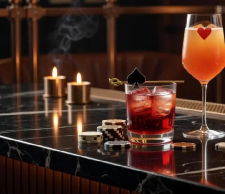 Classic cocktails beside playing cards in the Play Natioon card lounge