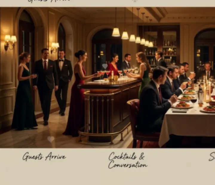 Editorial collage showing a journey from cocktails to dinner and into a poker lounge.