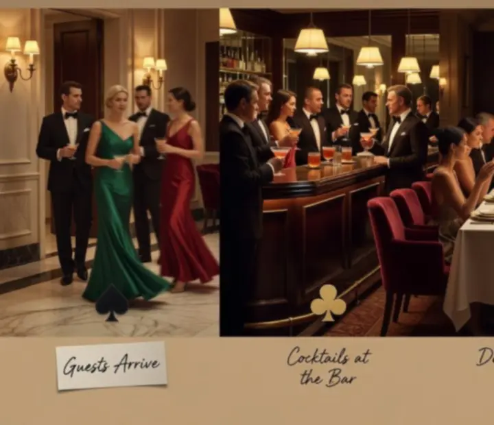 Editorial collage showing guests moving from cocktails and dinner to a poker lounge.
