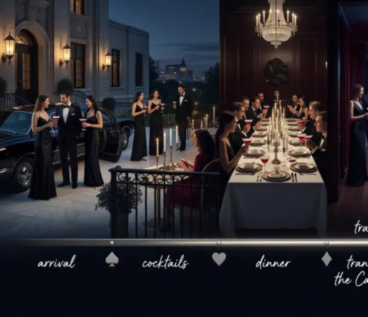 Horizontal visual timeline showing arrival, dinner and poker lounge moments