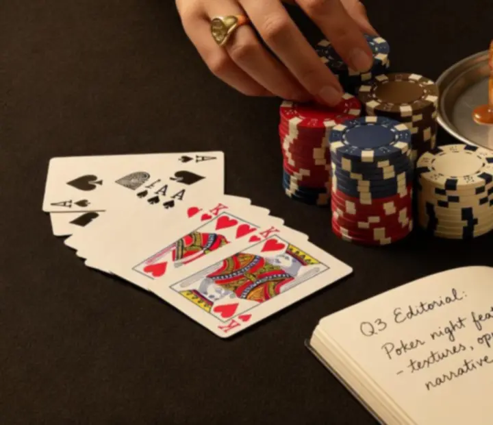 Close-up editorial images of poker chips, cards and Australian dishes.