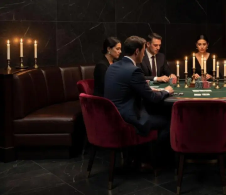 Cinematic view across a dark poker salon with green felt tables beside a candlelit Australian restaurant.