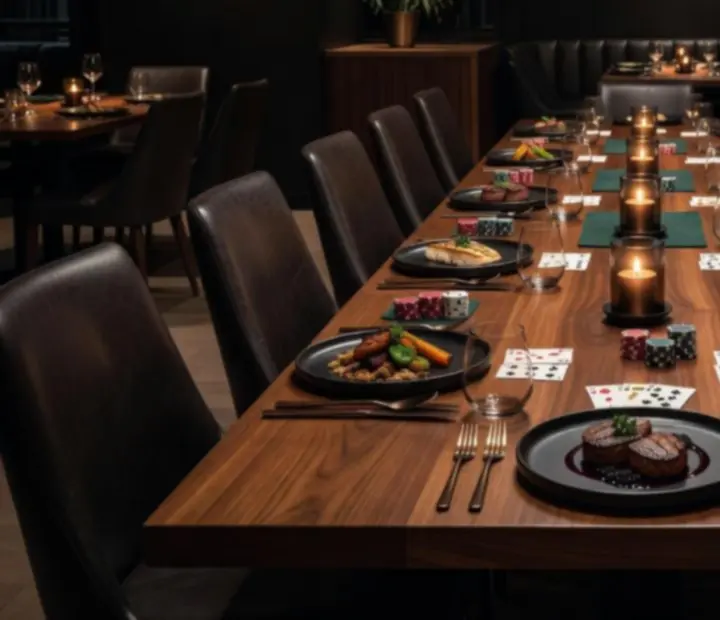 Candlelit poker table set for dinner with cards and chips at Play Natioon
