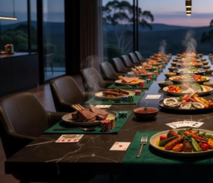Poker and dining pairing scene with plated food and poker table close-up