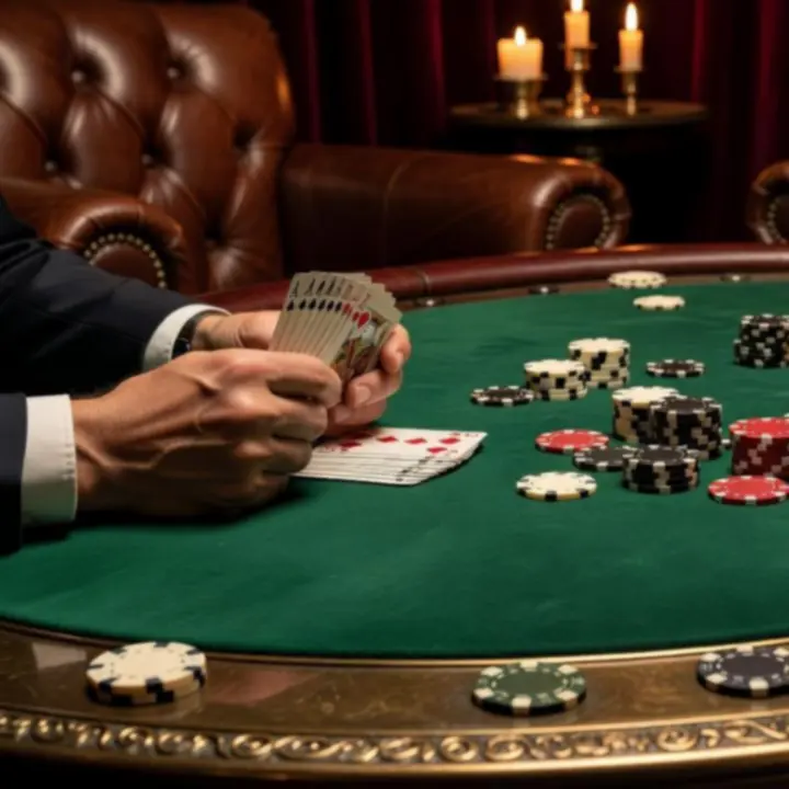 Close-up of a poker table with green felt, cards, chips and bronze accents inside a lounge.