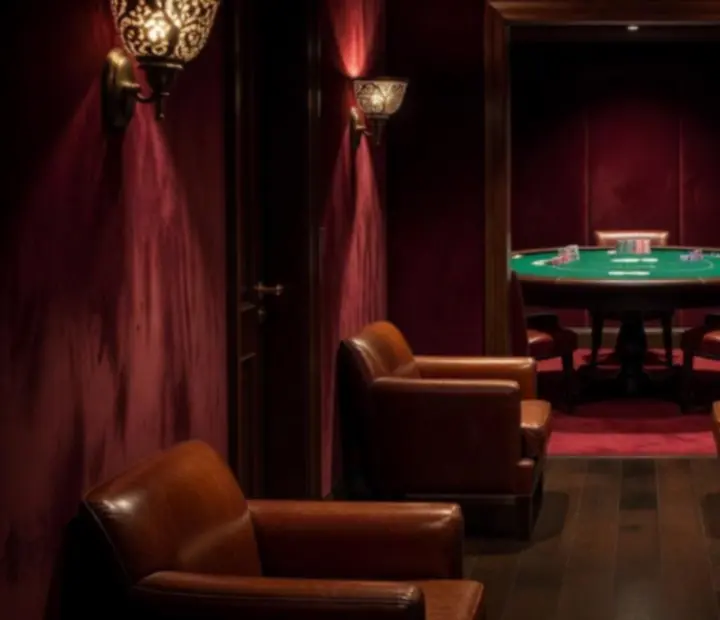 Velvet-lined entrance corridor leading to a poker salon