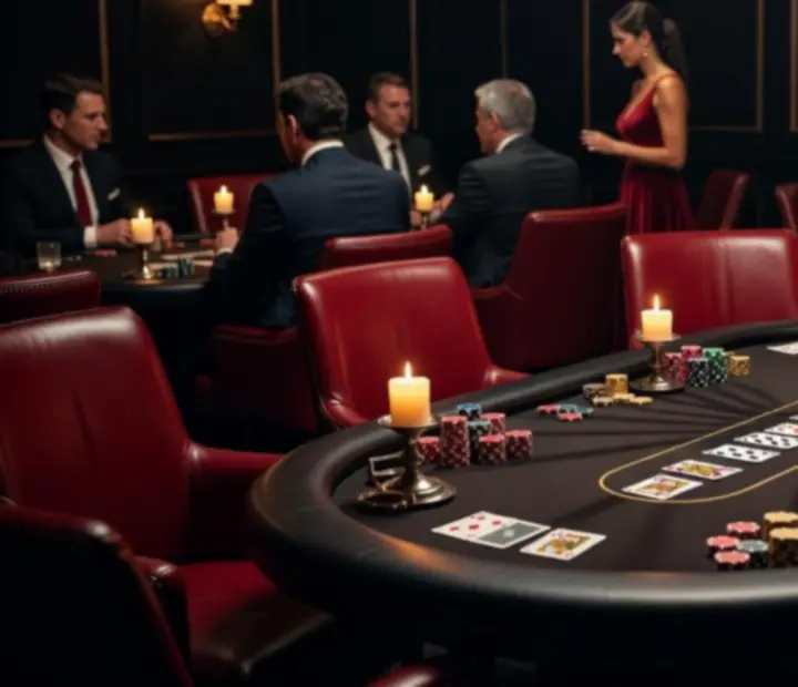 Cinematic poker salon event night with cards, chips and candlelit tables