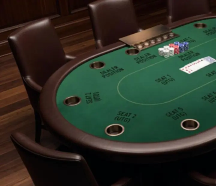 Illustrated overhead view of a poker table in a modern Australian poker salon.