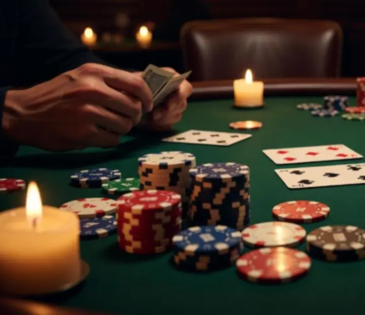 Close-up of green felt poker table with stacked chips and cards mid-deal