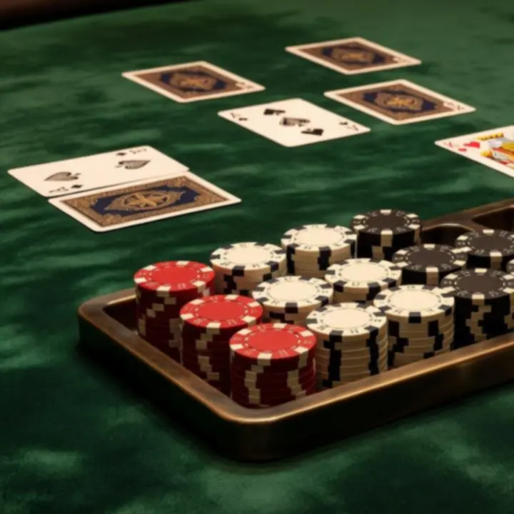 Close-up of a Texas Hold’em poker table with green felt, chips and cards arranged in precise formation.
