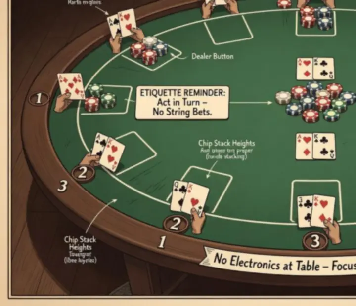 Diagrammatic poker table layout showing cards, chips and seating