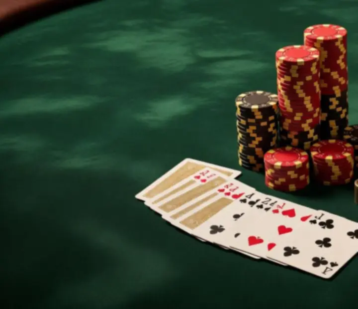Editorial still life of poker table essentials including cards, chips and glassware on dark felt.