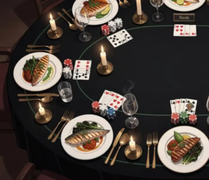 Diagram-style view of a poker table set with plates, chips, cards and candlelight