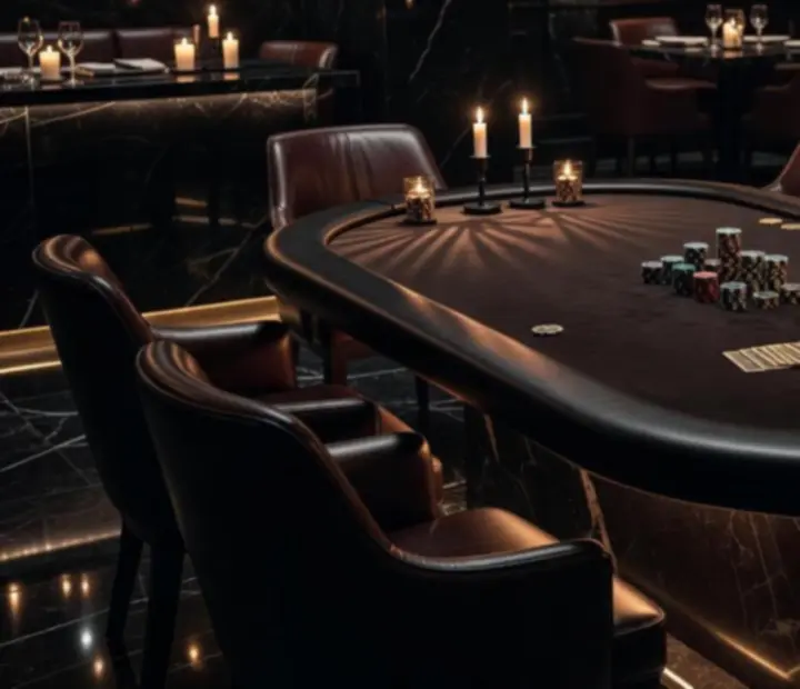 Cinematic poker table under moody lighting with chips and cards set for Texas Hold’em.