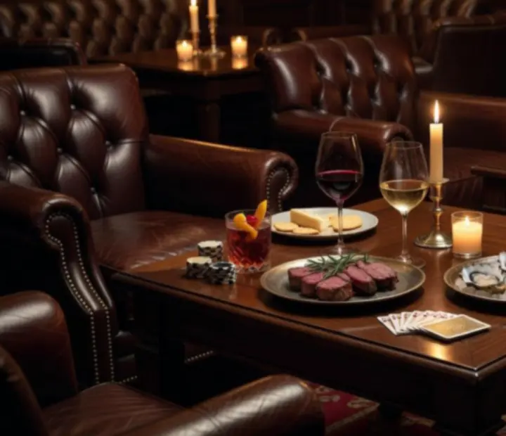 Private poker salon with intimate lighting and guests gathered around a poker table