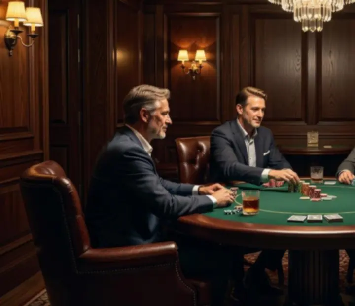 Private group gathered in an intimate poker lounge with leather seating and a poker table