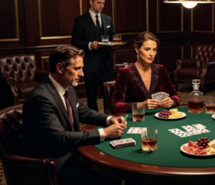Private poker evening with guests seated around an intimate poker table.