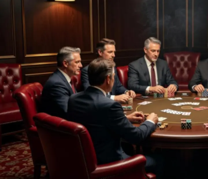 Intimate private poker event with guests seated around a table in a dimly lit card room.
