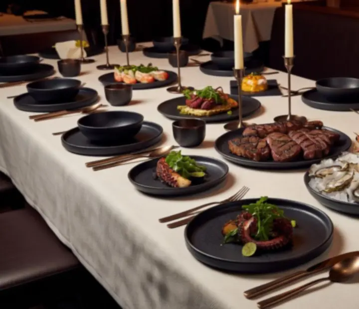 Editorial photograph of plated modern Australian dishes in a dark restaurant setting.