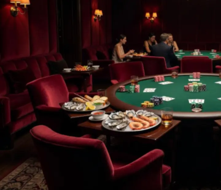 Seasonal seafood shared beside poker chips in a velvet-lined Australian card lounge
