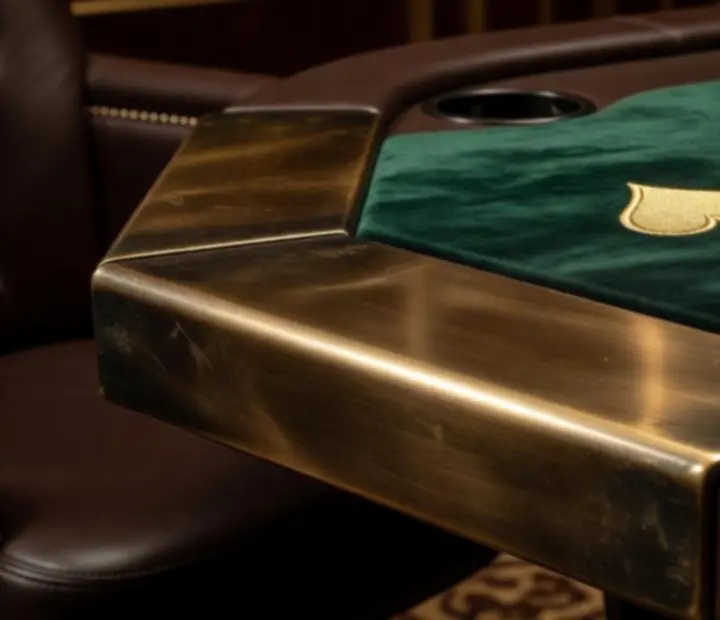 Detail of poker table craftsmanship with bronze trim and custom felt.