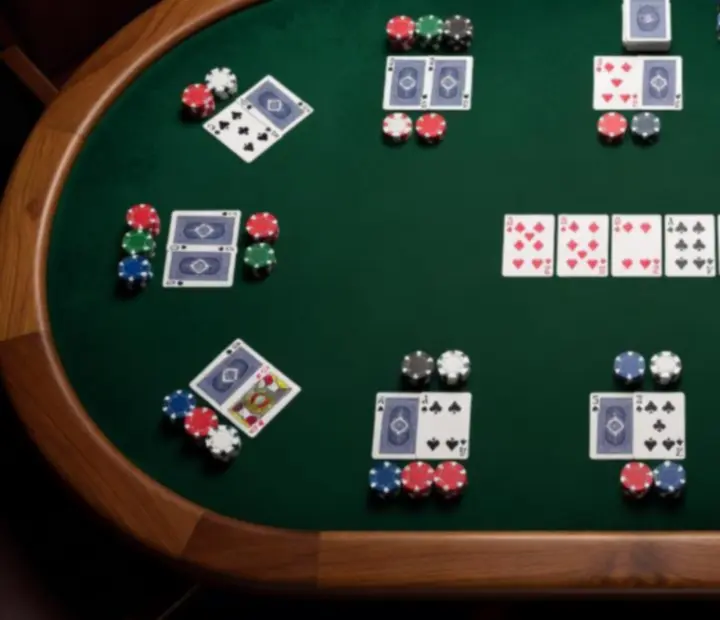 Overhead view of poker table layout with green felt, cards and chips