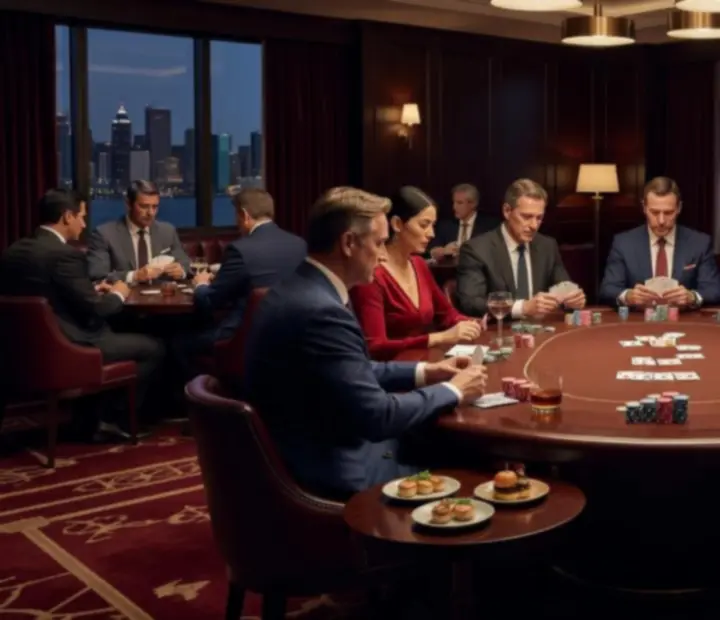 Guests gathered around a poker table during a Texas Hold'em evening with cocktails nearby
