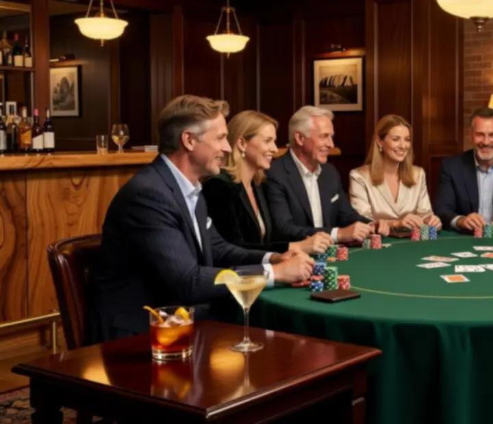 Themed poker night table with green felt, cards, chips and cocktails